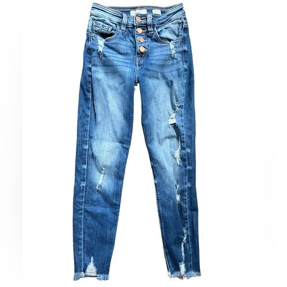 KanCan Mid Rise Ankle Skinny Button Fly Distressed Frayed Hem Blue Jeans size 24 - Picture 2 of 7